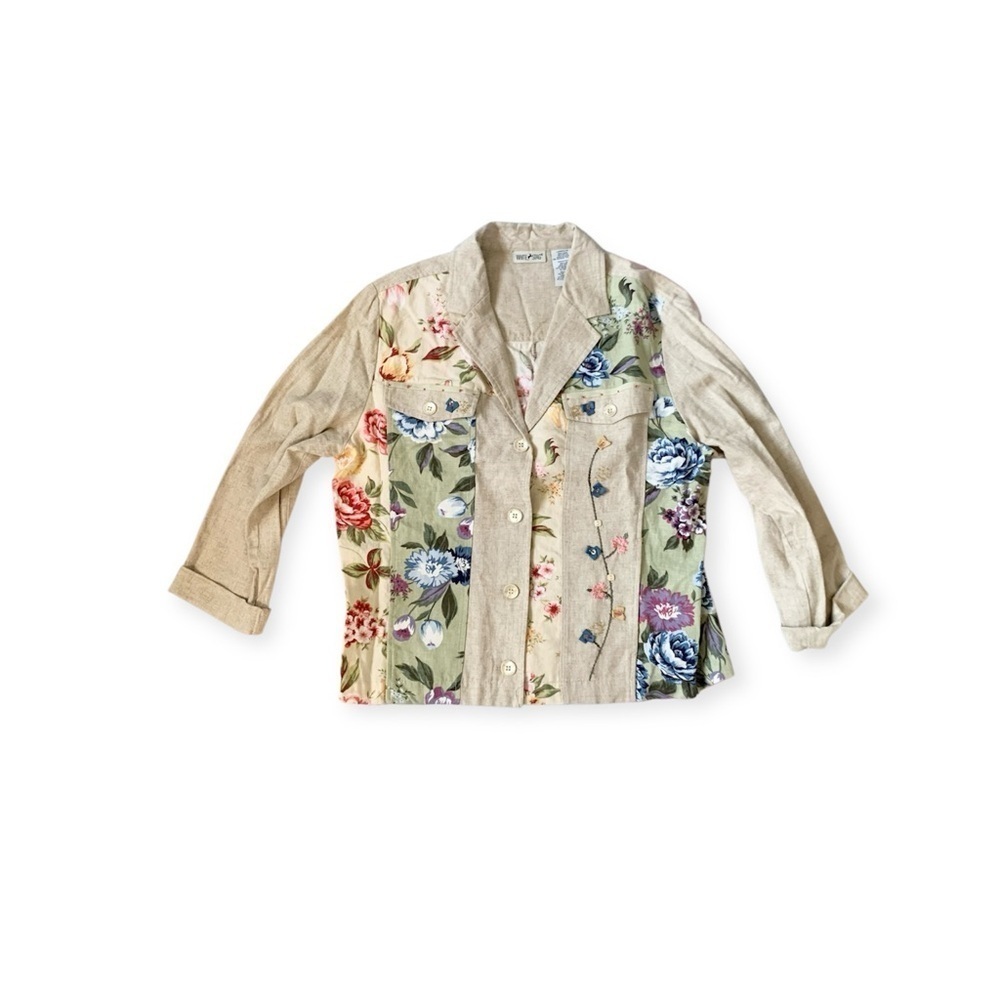Floral Beige linen lightweight button down Jacket